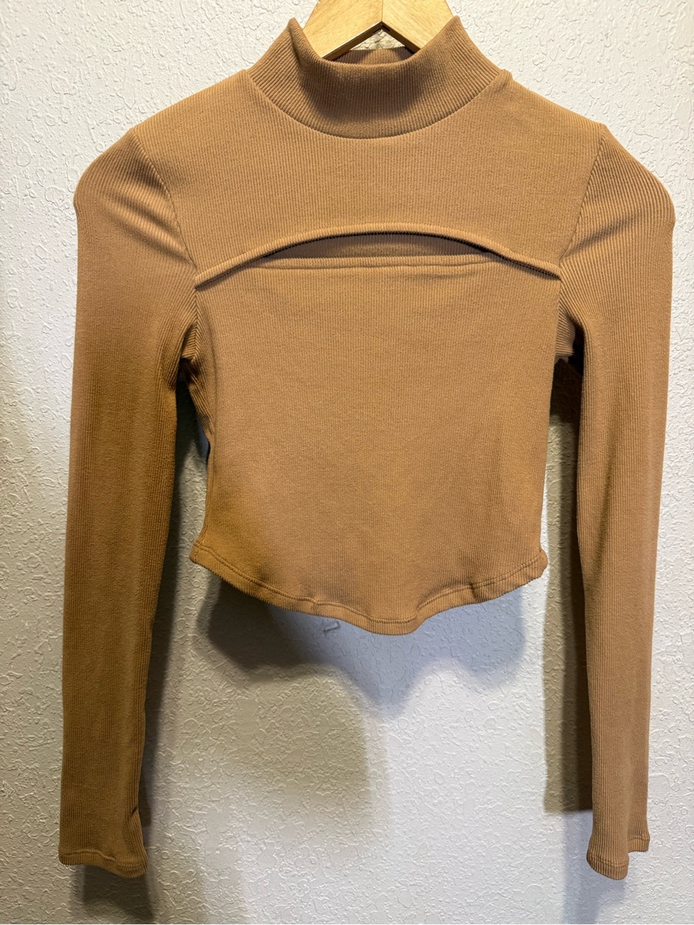 Love Pome by BLOCK Mock Neck Long Sleeve Crop Top in Camel